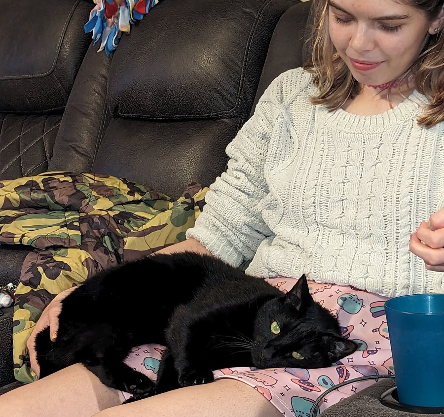 A black cat curled up asleep on Elisabeth's lap.